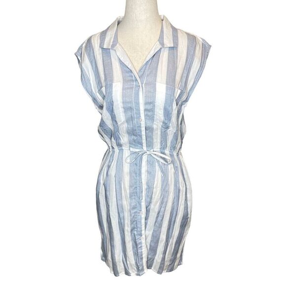 Japna Dresses & Skirts - Japna Dress Womens SMALL Blue White Stripe Tie Waist Shirt Dress Short Sleeve